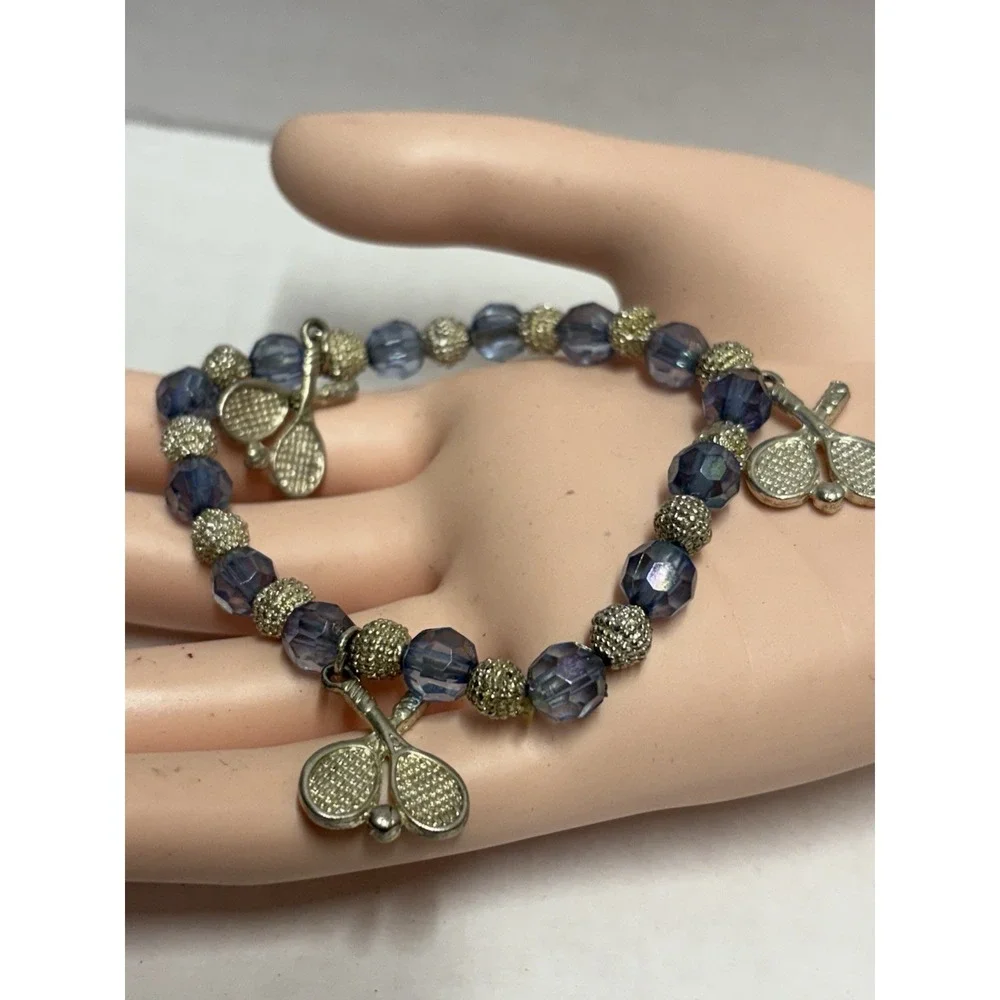 Bracelet Silver Tone Tennis raquets‎ charms blue stretchy